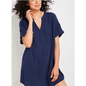 Vineyard Vines Gauze V Neck Tunic Dress Navy Blue Short Sleeve Casual Size S